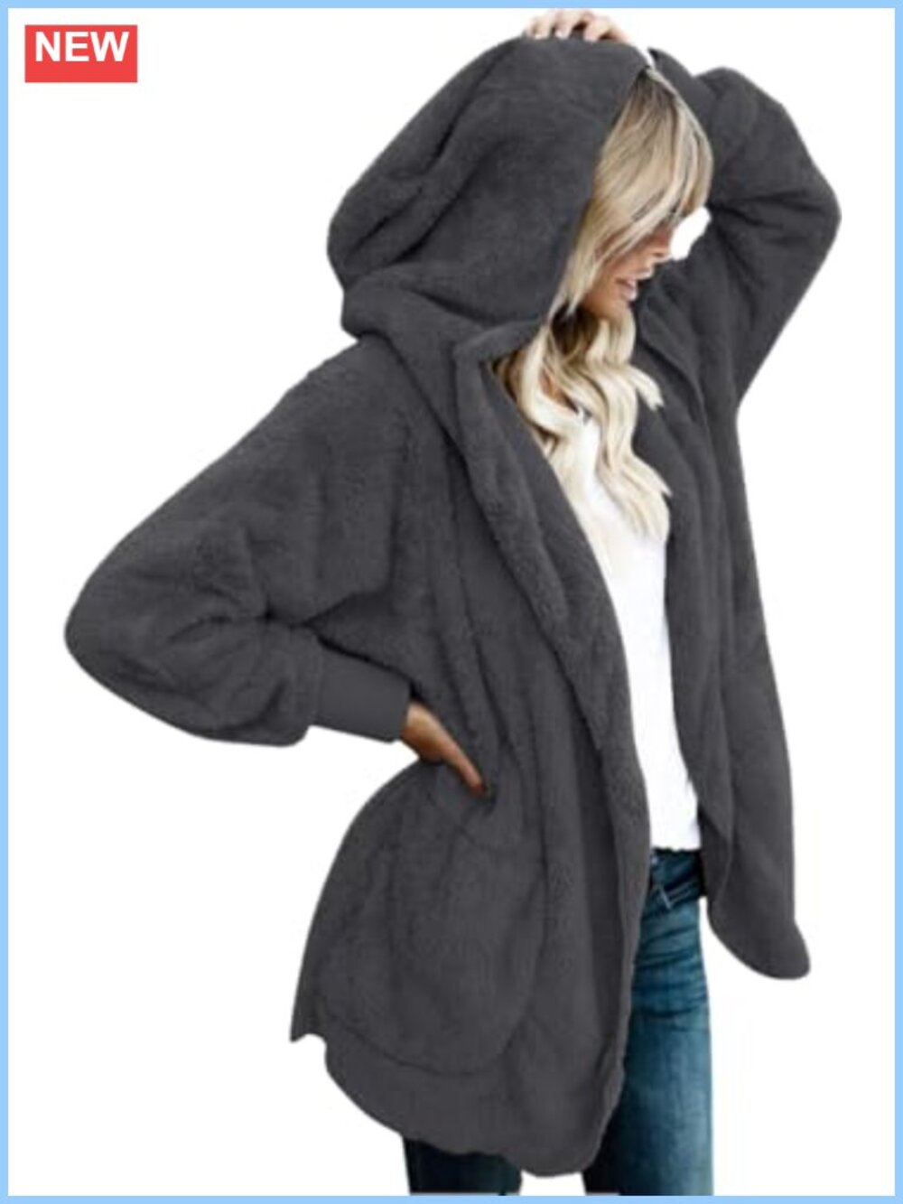 Fuzzy Hooded Cardigan Open Front Sherpa Coat with Pockets